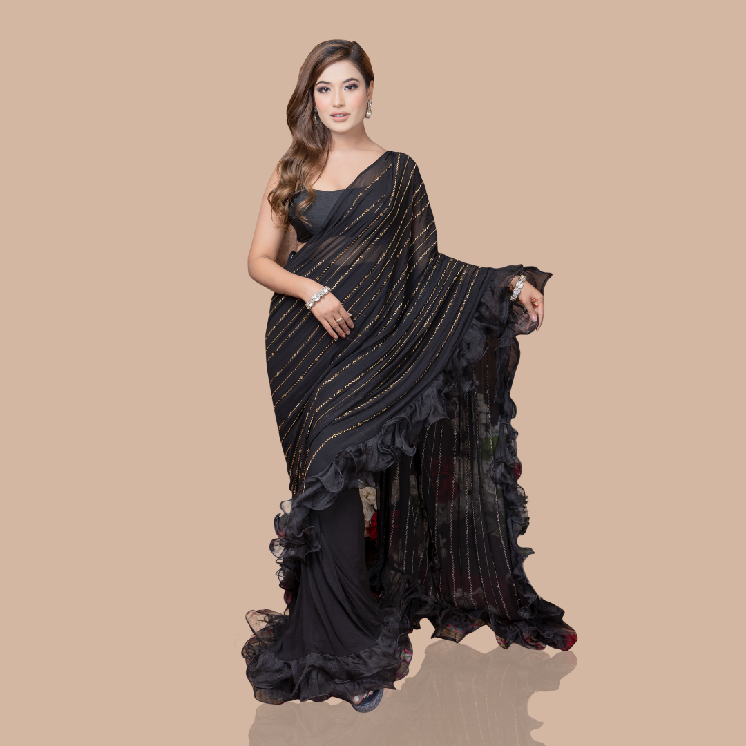 Black Georgette Ruffled Saree Set Design by Two Sisters By Gyans at  Pernia's Pop Up Shop 2024