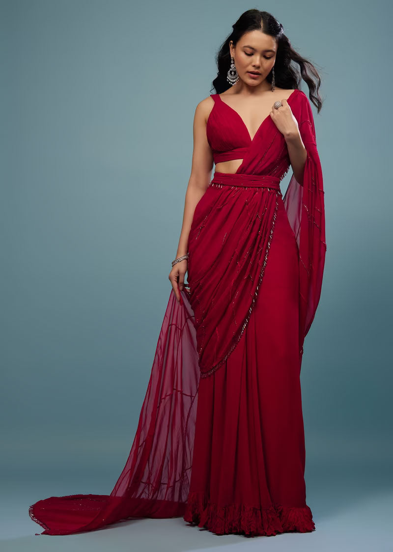 Cherry Red Saree In Georgette With Sequins And Cut Dana Embellished Border  And A Ruffle Frill Adorned Crop Top