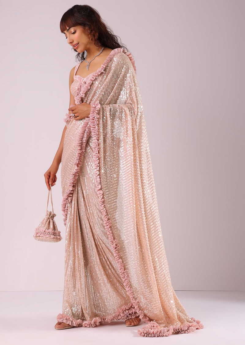Buy Gold Sequins Embroidered Peach Shimmer Saree Online KALKI Fashion India