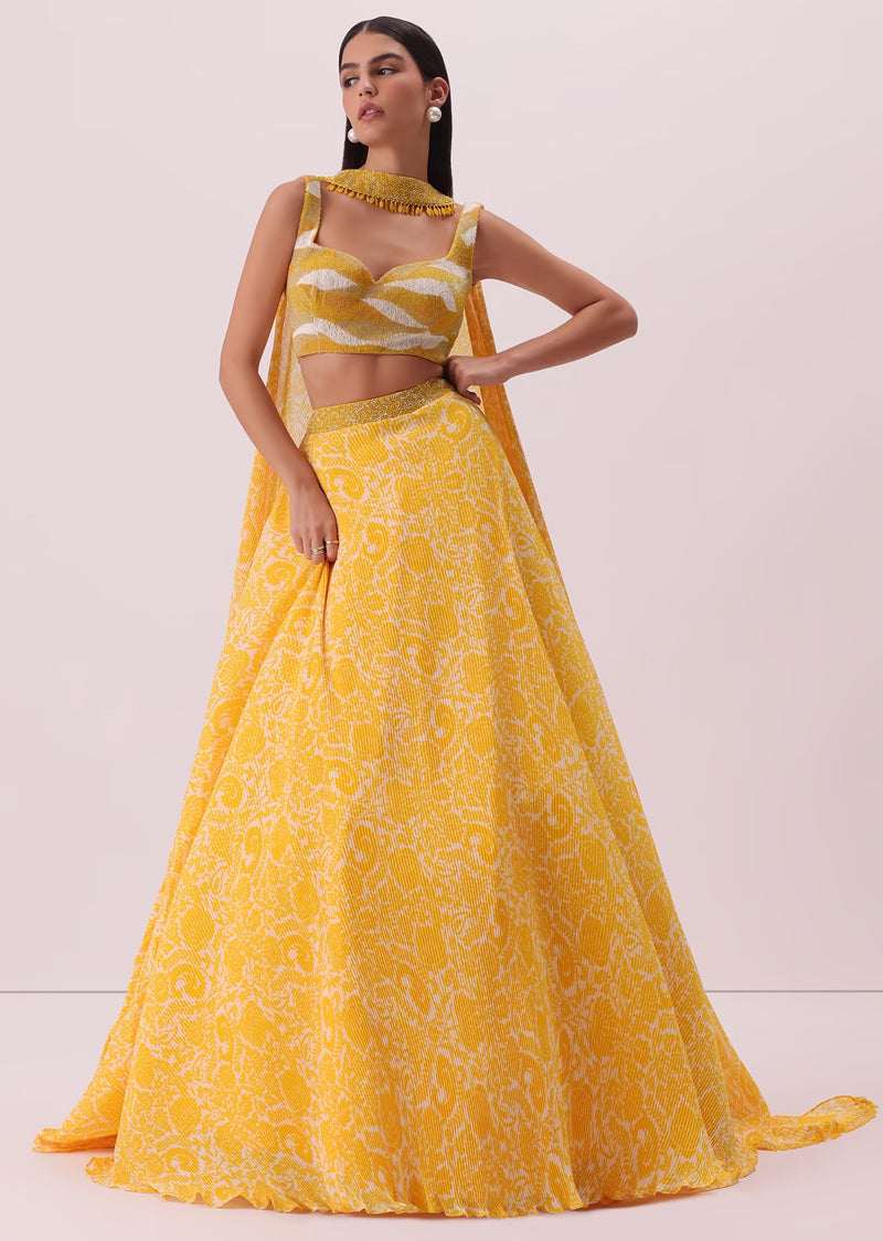 Buy Mustard yellow lehenga and crop top in long cape sleeves, Crafted in  crush with a side zip closure KALKI Fashion India