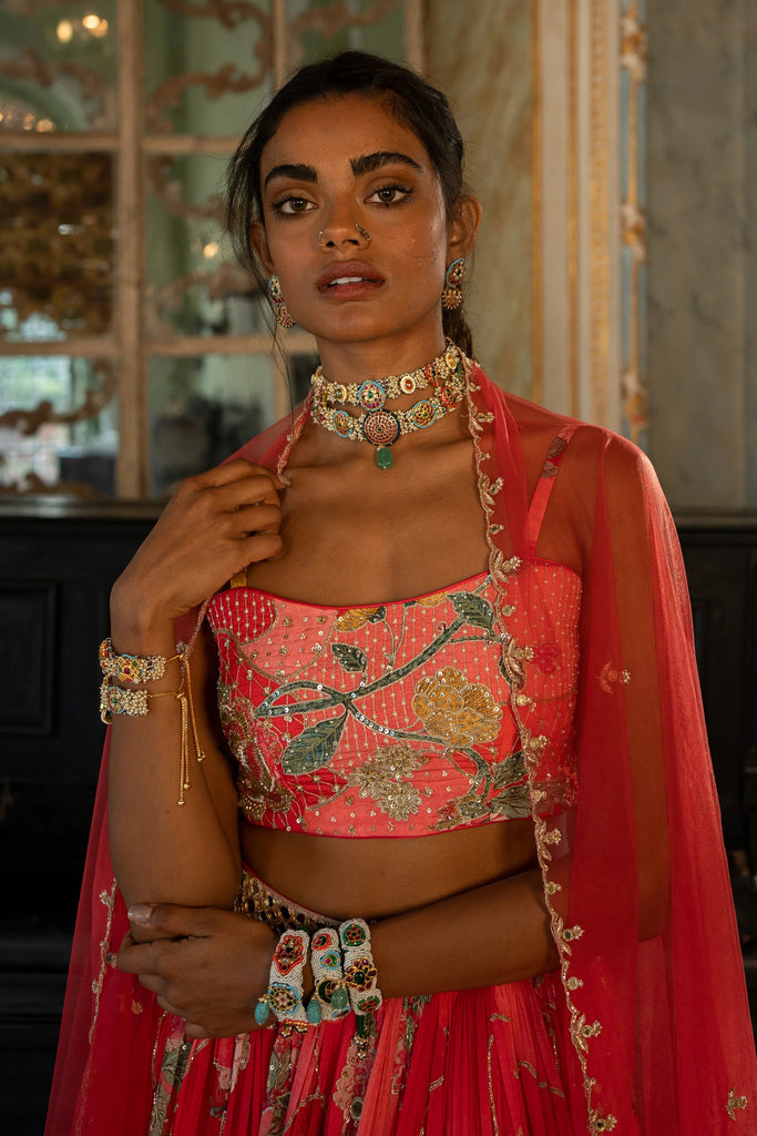 Red Printed Lehenga With Red Embroidered Blouse and Printed