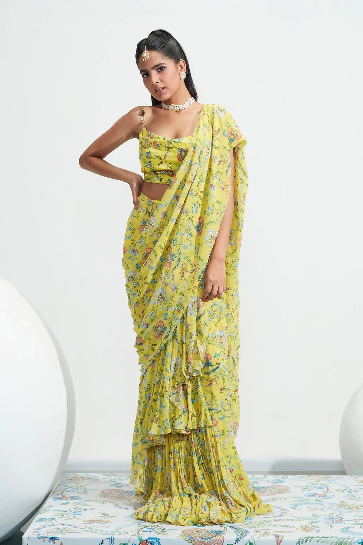 Emerald Green Pre-Stitched Draped Ruffled Saree with Hand-Embroidered Blouse  - Seasons India