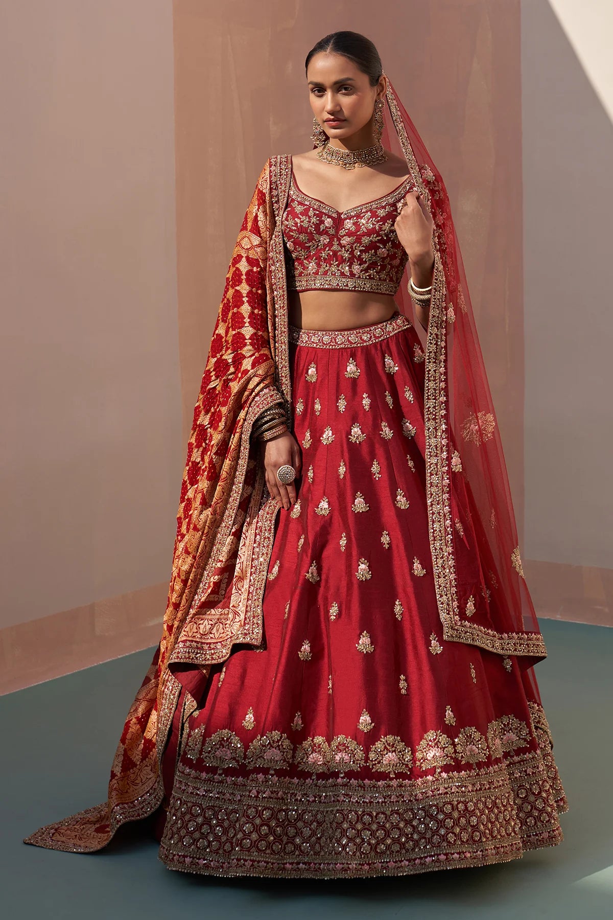 CHARMING Red Sequins Embroidered Art Silk Semi Stitched Bridal Lehenga with double  dupatta - MEGHALYA - 3750887