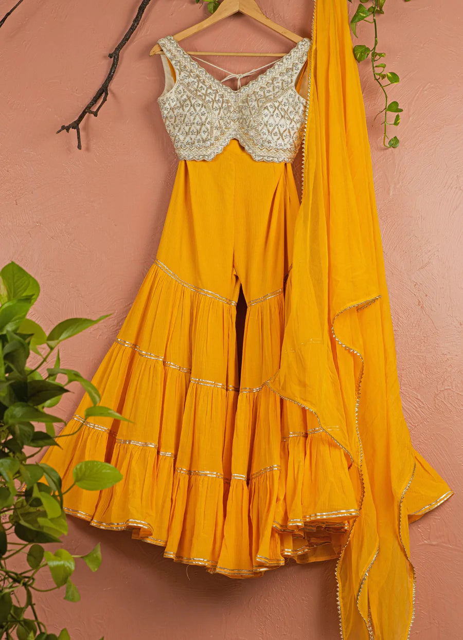 Ivory Sequence Lehenga With Pineapple Yellow Mirrorwork Blouse