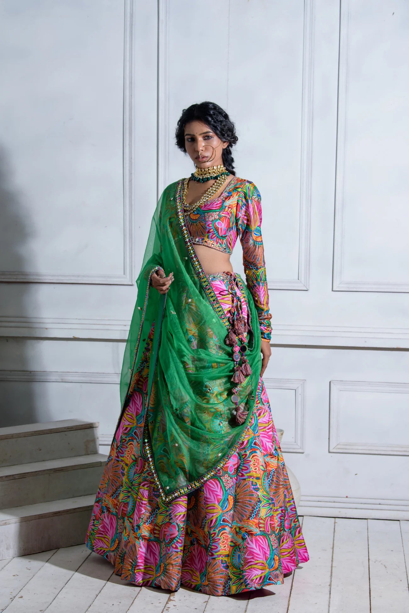 Salado style. Beautiful indian woman in embroidered Lehenga autumn outfit  from fashion brands
