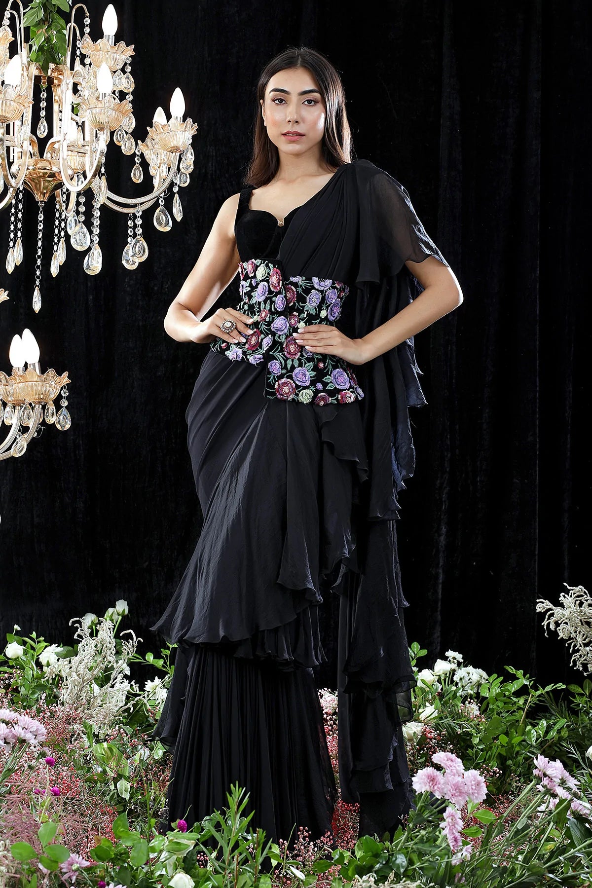 Buy Seema Thukral Black Elnora Pre-draped Ruffle Saree With Blouse Online |  Aza Fashions
