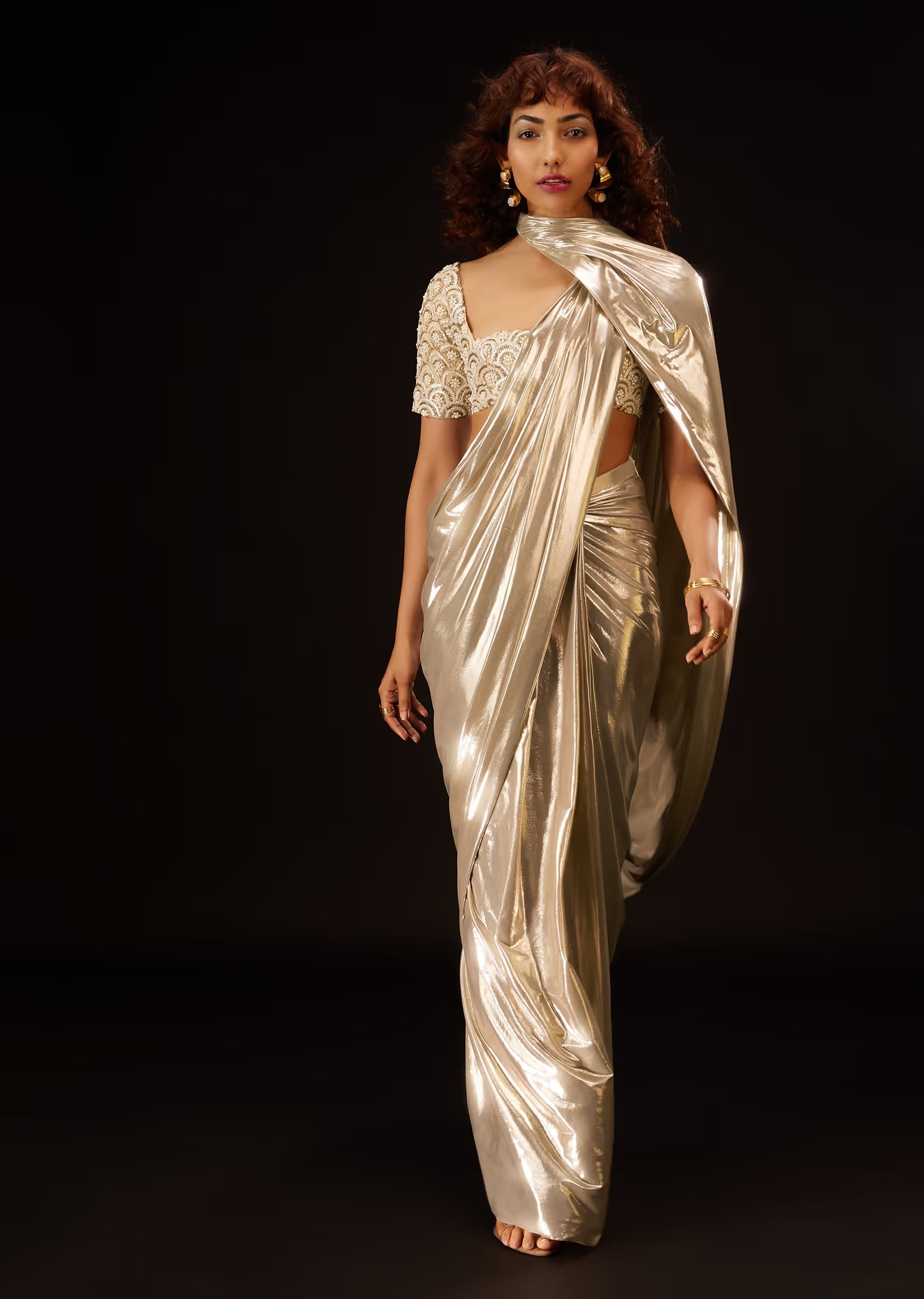 Buy Metallic Gold Pre-Pleated Saree In Lycra With An Embroidered Blouse -  DEME X KALKI